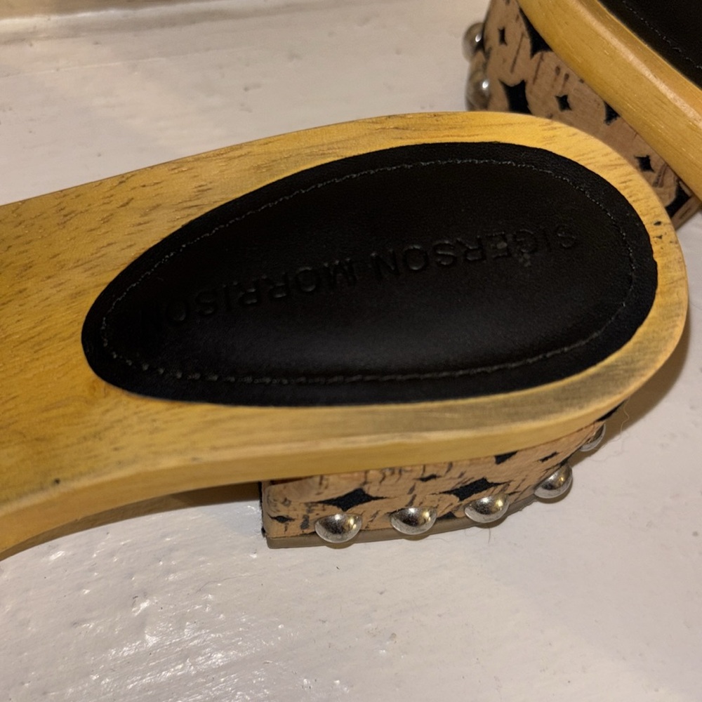 Sigerson Morrison Black and Tan Patterned Leather Clogs - Picture 5 of 5